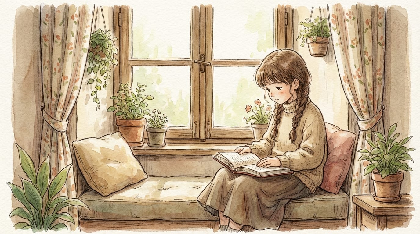 A young girl sitting by a window reading a book, soft natural lighting, watercolor texture, rough pencil outlines, traditional media style, nostalgic atmosphere, anime style --niji 7 --ar 16:9