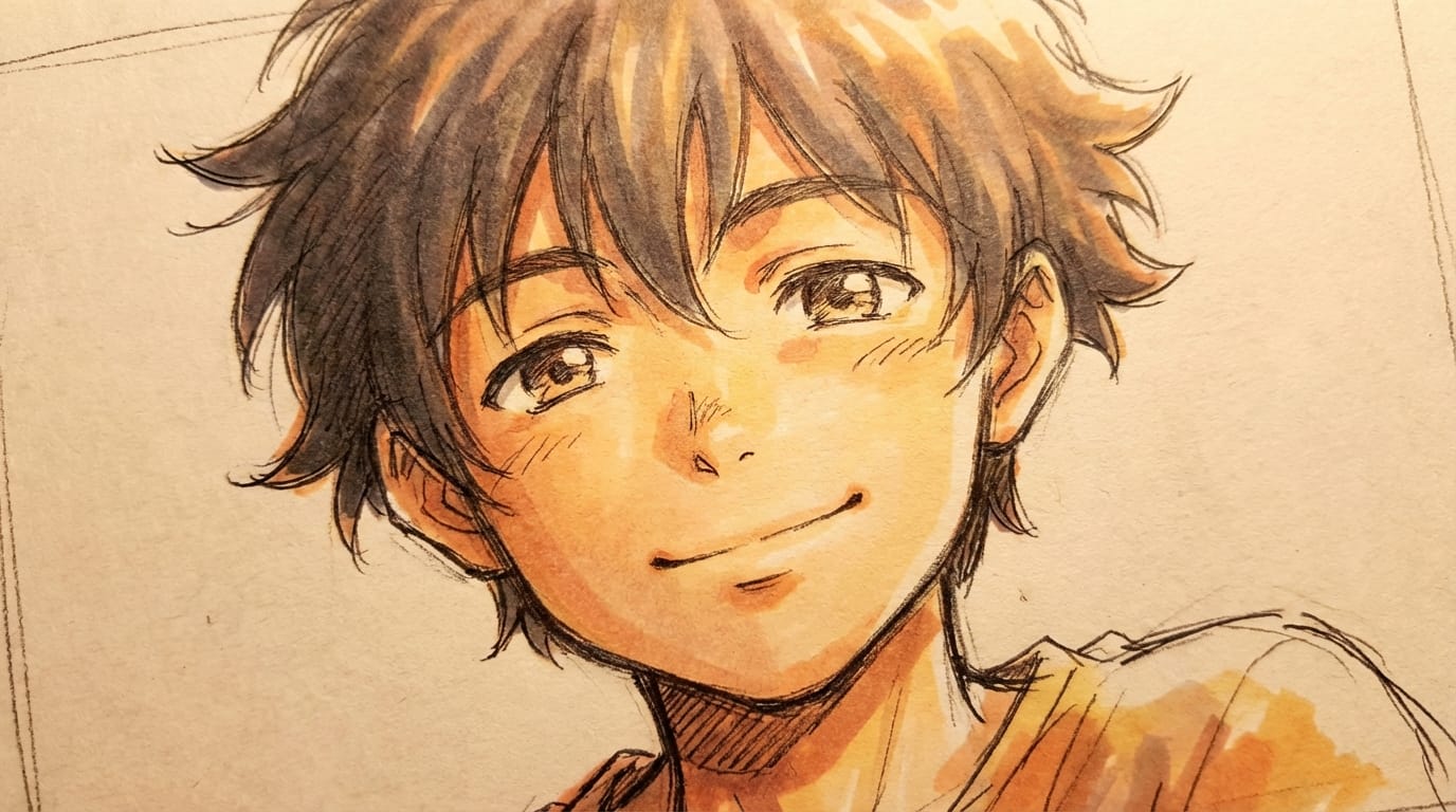 Close up of an anime boy smiling gently, rough sketch lines, copic marker coloring style, expressive eyes, warm sunlight, traditional 2d animation concept art --niji 7 --ar 3:4