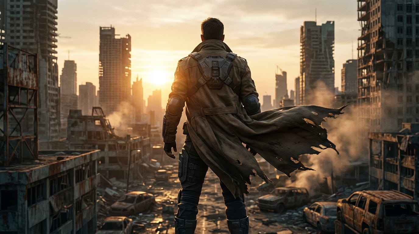 荒廃した近未来の都市を見下ろす男性キャラクター、背後からのドラマチックな逆光、風になびくコート、シネマティックな構図、超リアル、8k