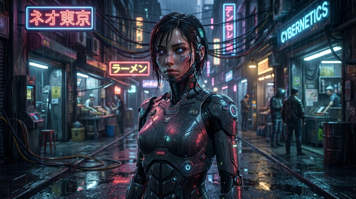 サイバーパンクの路地裏に立つ若い女性サイボーグ、ネオンライトの反射、雨に濡れたアスファルト、映画のようなライティング、被写界深度（ボケ量）が深い、8k解像度、超高精細、実写的なリアルさ