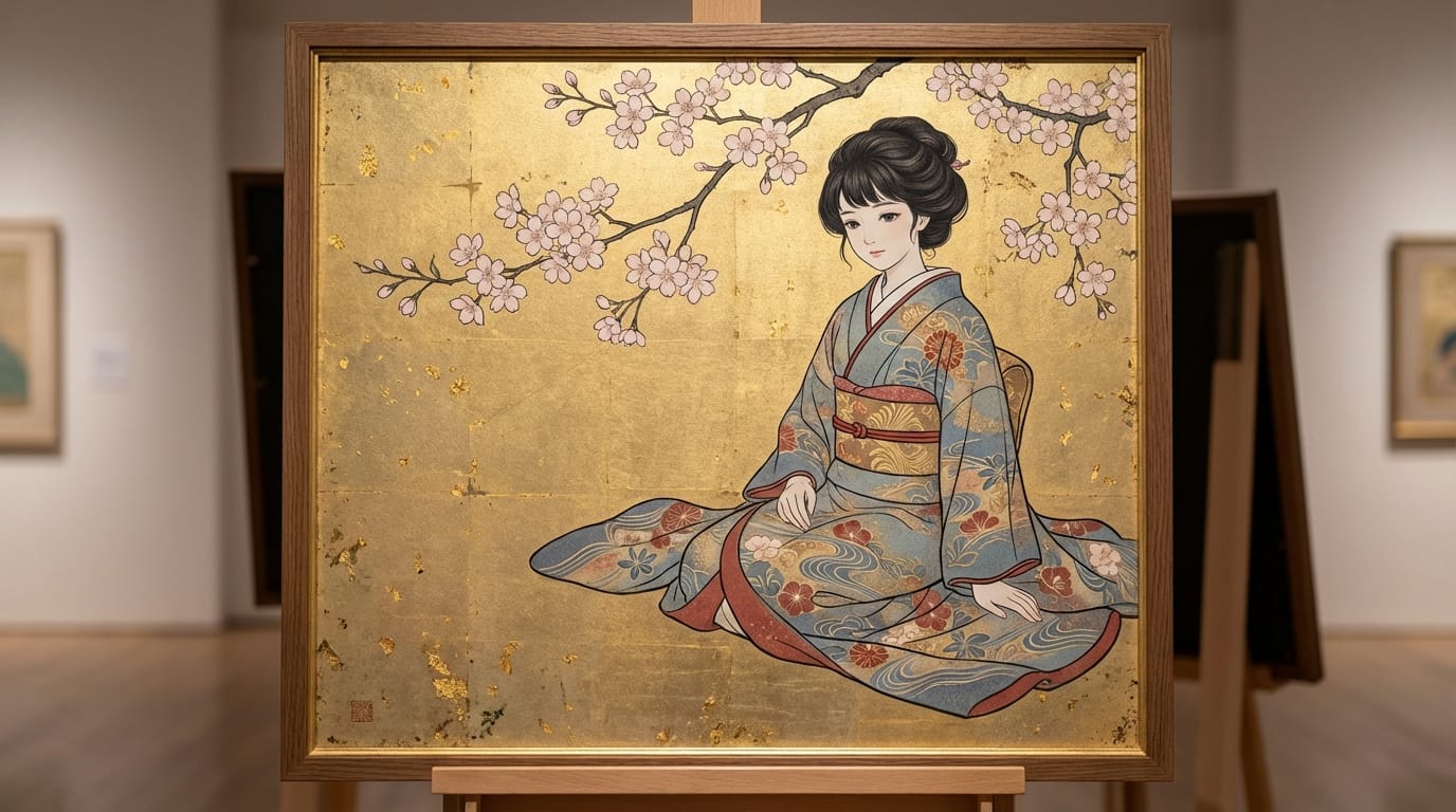 Nihonga style traditional Japanese painting, beautiful anime girl wearing an elegant kimono, gold leaf background, mineral pigments texture, flat shading, delicate outlines, tranquil atmosphere, cherry blossoms, --ar 16:9 --niji 7