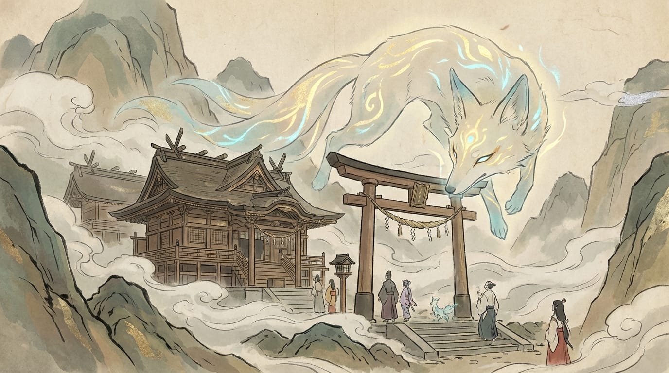 Concept art of a Japanese fantasy world, Nihonga style, ancient shrine in misty mountains, giant glowing fox spirit, mineral pigments, traditional Japanese art style mixed with delicate anime aesthetic, flat shading, highly detailed, --ar 2:1 --niji 7
