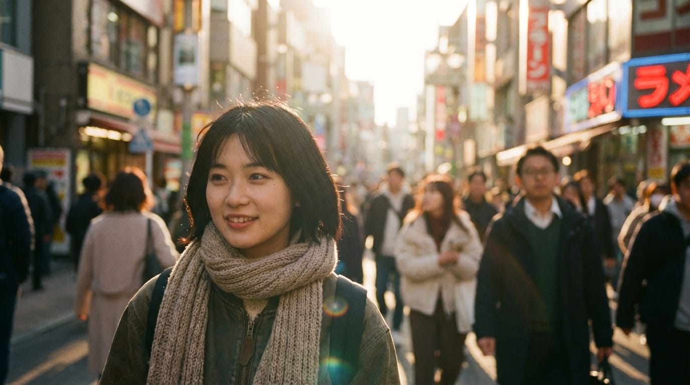 A highly realistic cinematic video of a young Japanese woman walking down a Tokyo street at golden hour. She has natural black hair, subtle natural makeup, and a gentle smile. Shot on 35mm lens, shallow depth of field, soft natural lighting, photorealistic, 4k resolution, smooth slow motion.