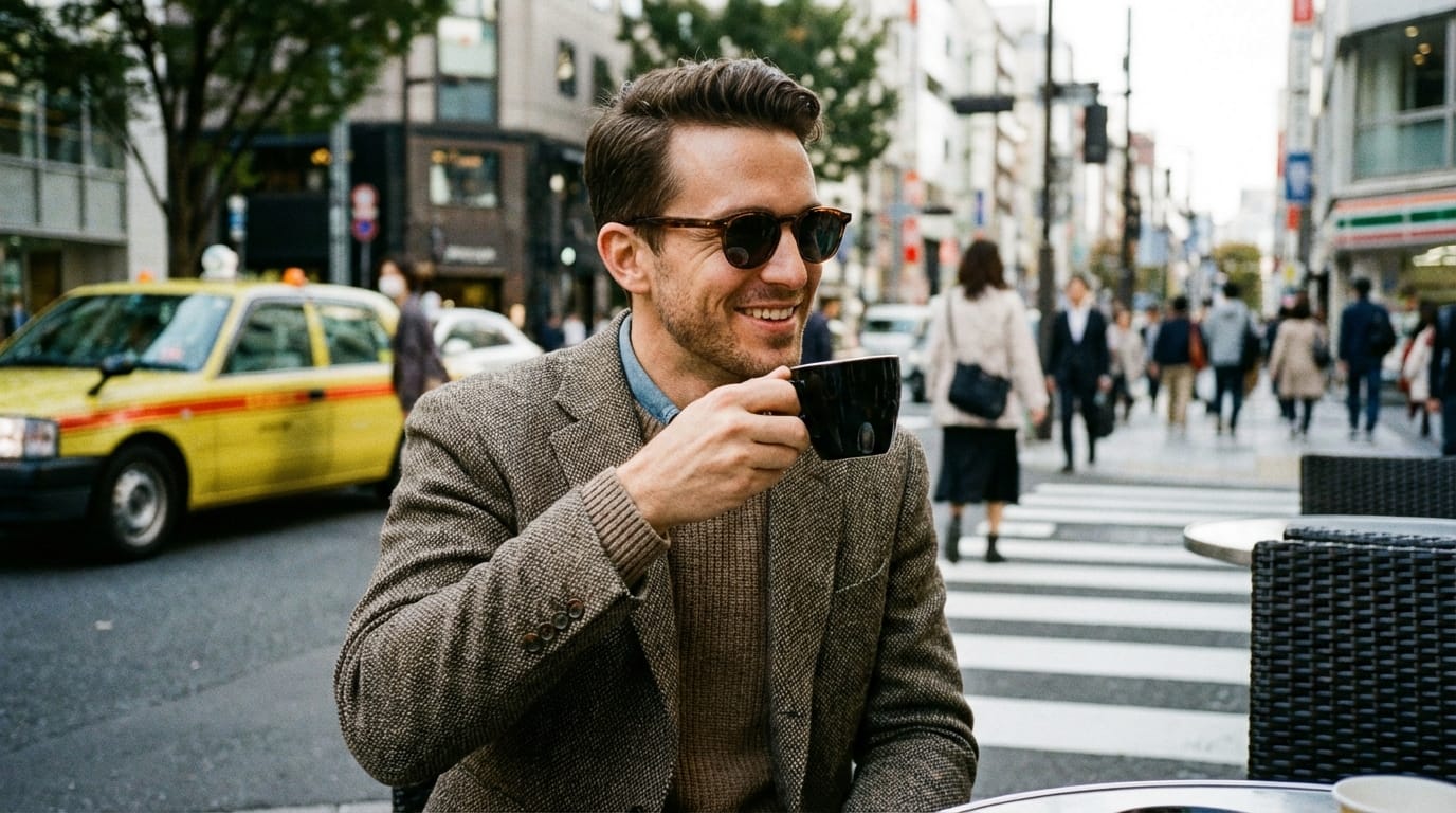 都会のカフェのテラス席でコーヒーを飲むスタイリッシュな男性、ローアングルからの撮影、背景にはぼやけた街の通行人と黄色いタクシー、スナップショットであること、自然光によるクリアなエッジ、日常のワンシーンを切り取った商業用ライフスタイル写真