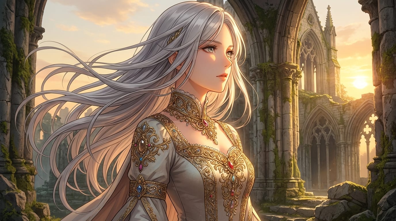 繊細なアニメ調表現と実写的なリアルさが融合したハイブリッドスタイル、風になびく長い銀髪の女性キャラクター、精緻な刺繍が施されたドレス、背景には崩壊したゴシック建築の遺跡、夕暮れの黄金色の光がキャラクターの顔を美しく照らす、コンセプトアートの傑作