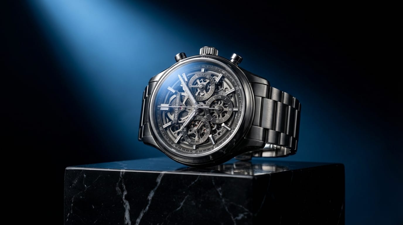 黒い大理石の台座の上に置かれた高級腕時計、文字盤の精密な金属の質感とガラスの反射、背景は深い暗闇の中に微かな青いスポットライト、ドラマチックな陰影、商業用のマクロ商品撮影、極めてシャープな焦点、8k解像度