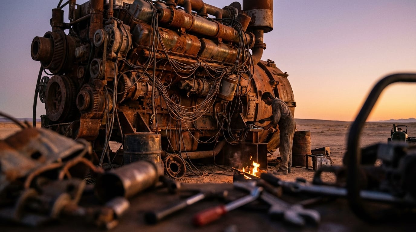 広大な荒野に佇む孤独なメカニック、錆びた金属の質感と緻密な配線ディテール、映画のようなカラーグレーディング、マジックアワーの柔らかくドラマチックな光、手前のオブジェクトを使った前ボケ、被写界深度が浅いシネマティックショット