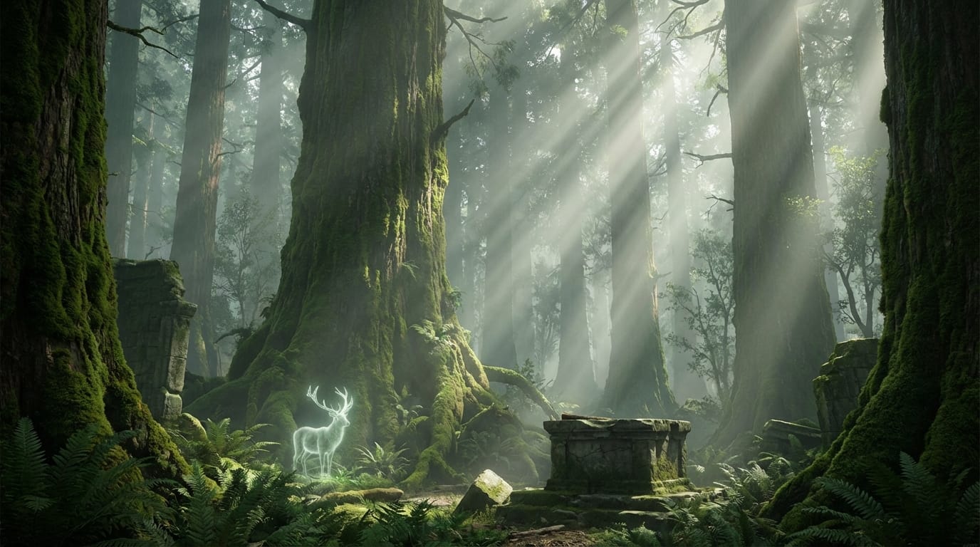 霧に包まれた古代の森、木々の間から差し込む朝の光、神秘的な雰囲気、実写映画のコンセプトアート、ボリュメトリックライティング、フォトリアル、超詳細