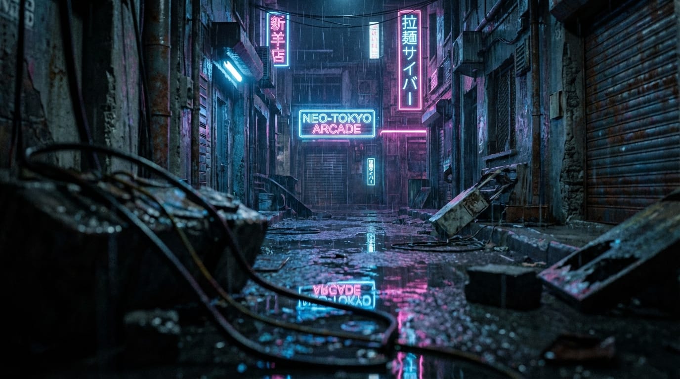 荒廃した近未来の都市の路地裏、雨の降る夜、青とピンクのネオンサインの光が水たまりに反射している、手前のオブジェクトを使った前ボケ、シネマティックライティング、被写界深度が浅い、35mmレンズ、8k、高精細な映画のワンシーン