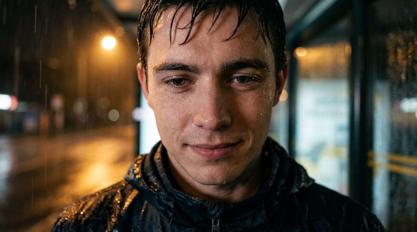 雨の降る夜のバス停でベンチに座る青年のクローズアップ。カメラは固定されたまま、青年の顔を真正面から捉える。街灯の光が濡れた顔を照らし、最初は伏し目がちだった青年が、ゆっくりと顔を上げて微かに微笑む。目の描写がシャープで、シネマティックなライティングが感情の動きを際立たせている。