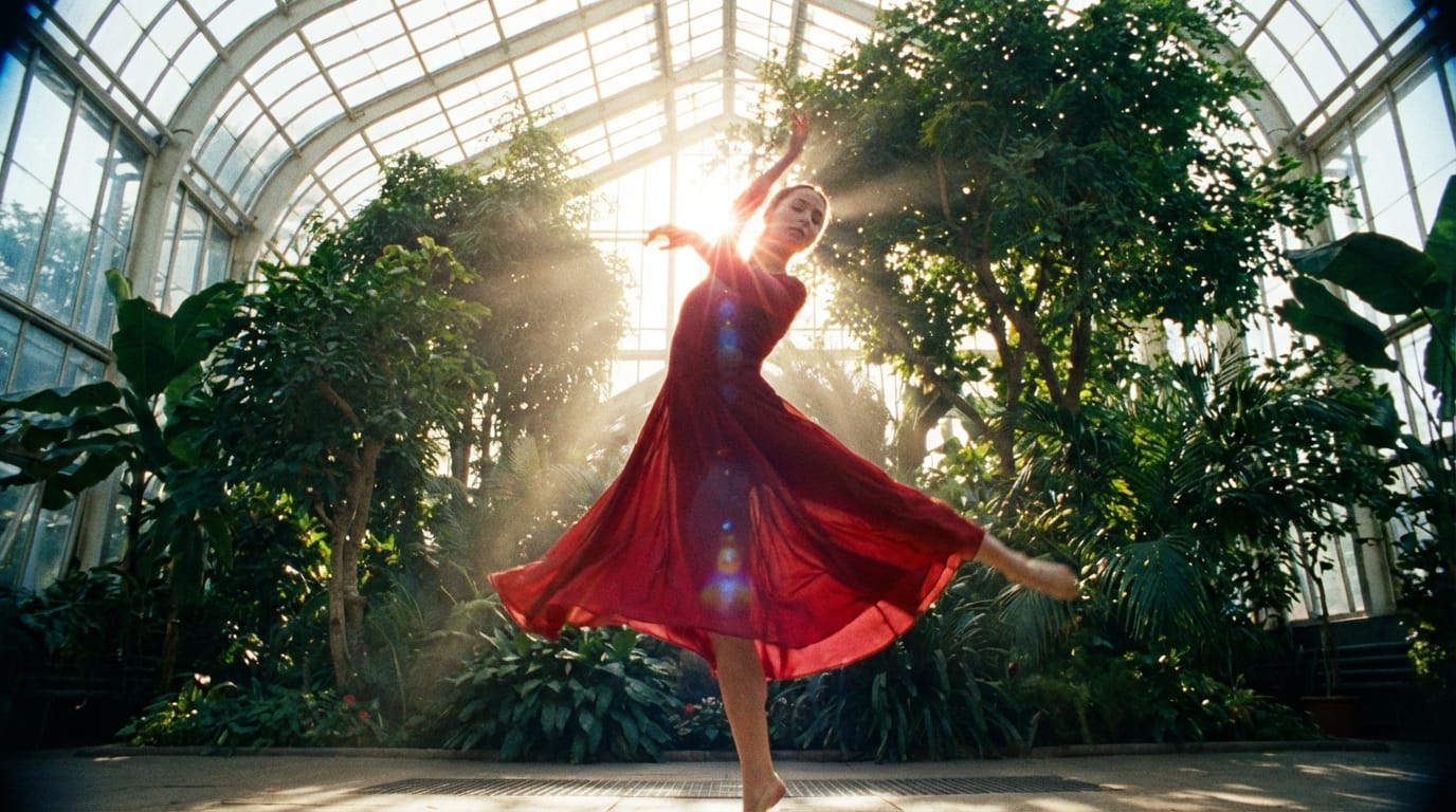 巨大なガラス張りの温室の中でコンテンポラリーダンスを踊る女性。カメラは低い位置からダンサーの動きに合わせて滑らかにトラッキングし、逆光の太陽光がレンズフレアを生み出す。植物の緑とドレスの鮮やかな赤がコントラストを作り出し、映画のようなリッチな画風を表現している。