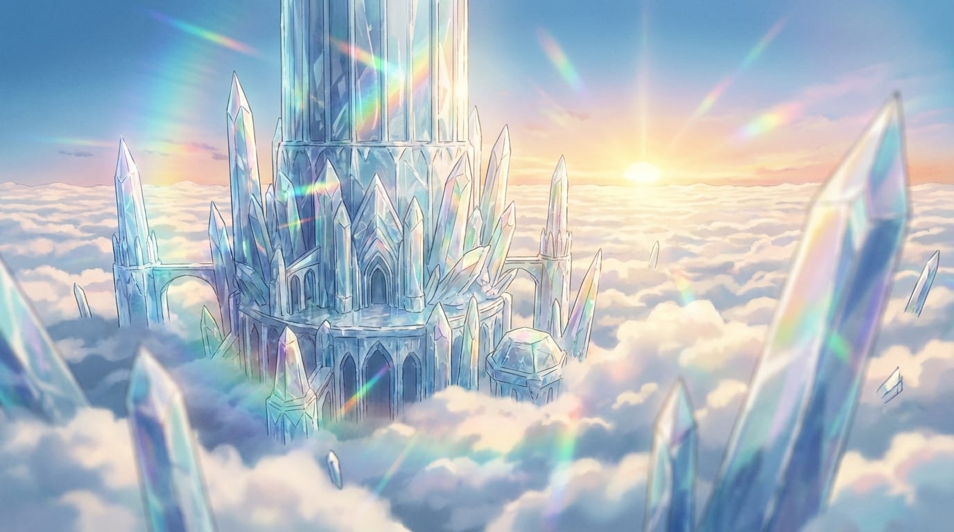 雲海の上に浮かぶ巨大なクリスタルの城を捉えた空撮ショット。カメラはゆっくりと城の塔の周りを旋回し、朝日を反射して七色に光るクリスタルの質感を詳細に映し出す。手前のオブジェクトを使った前ボケを活用し、壮大なスケール感と繊細で緻密なアニメ調表現を両立させている。