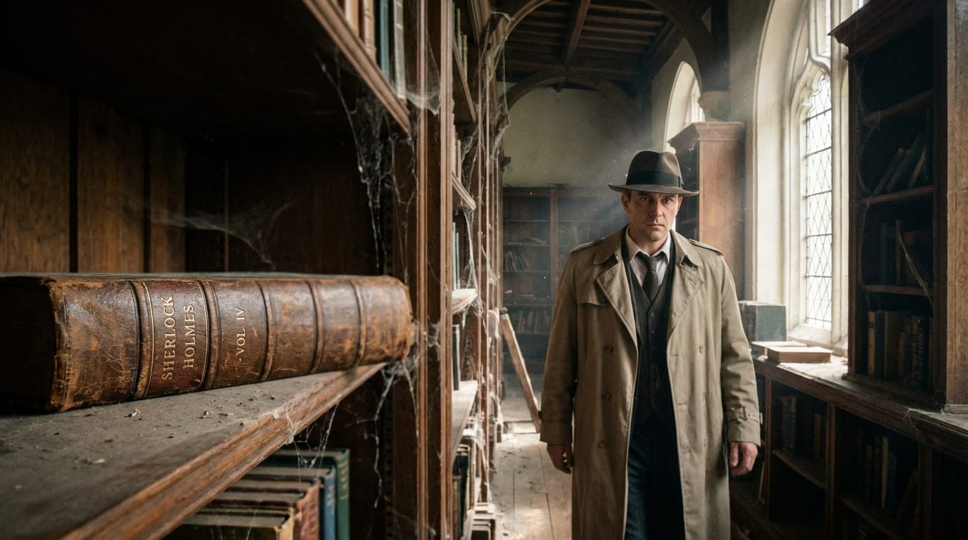 古い図書館の通路の奥から手前に向かって歩いてくる探偵。カメラはラックフォーカスを使用し、手前の本棚にある古い革張りの本から、奥から歩いてくる探偵の鋭い目つきへと焦点を移動させる。埃っぽい空気感と窓から差し込む斜めの光が、ミステリアスな雰囲気を強調している。