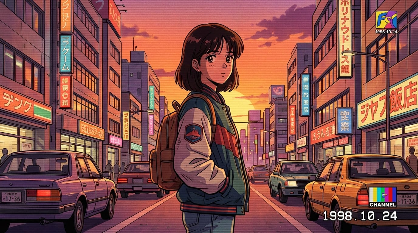1990s anime style, a girl standing on a retro city street at sunset, warm colors, cel shading, film grain, scanlines