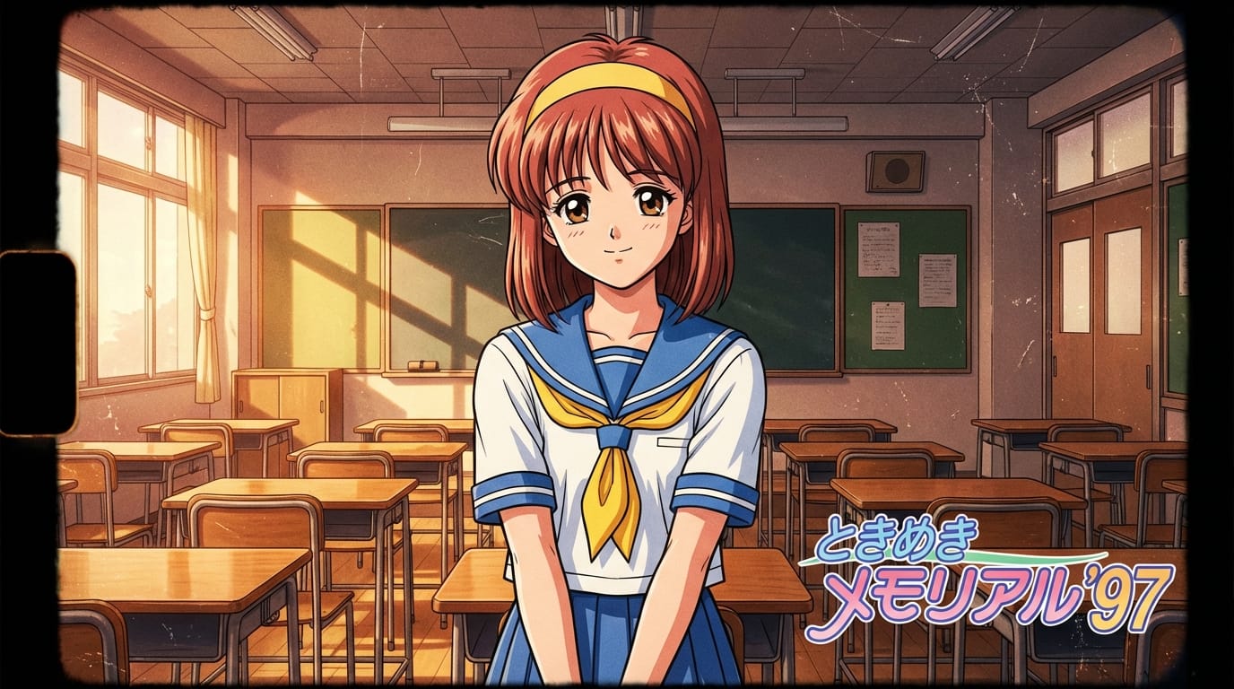 1990年代のアニメスタイル、美少女ゲームのヒロイン、セーラー服を着た女子高生、少し太い線画、セル画塗り、暖色系の色合い、フィルムの質感、レトロな教室の背景