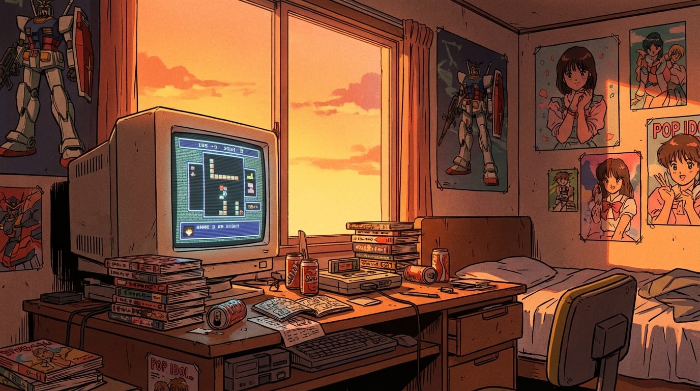 A nostalgic 90s anime style room interior, glowing CRT monitor, messy desk, sunset lighting through window, cel shading, retro aesthetic
