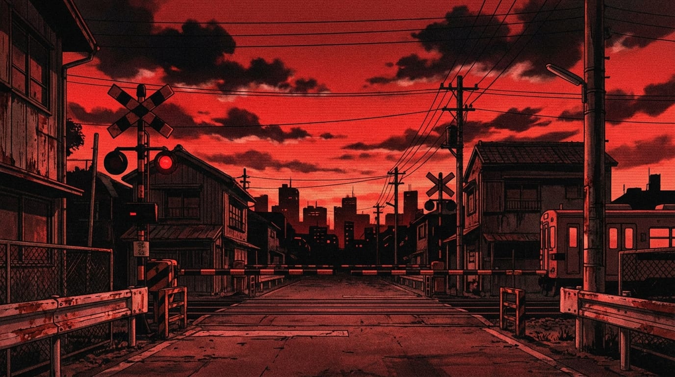 1990年代のOVAスタイル、夕暮れの踏切、赤と黒のコントラスト、不気味な雰囲気、レトロな日本の街並み、フィルムノイズ、色数制限、セル画のアナログ感