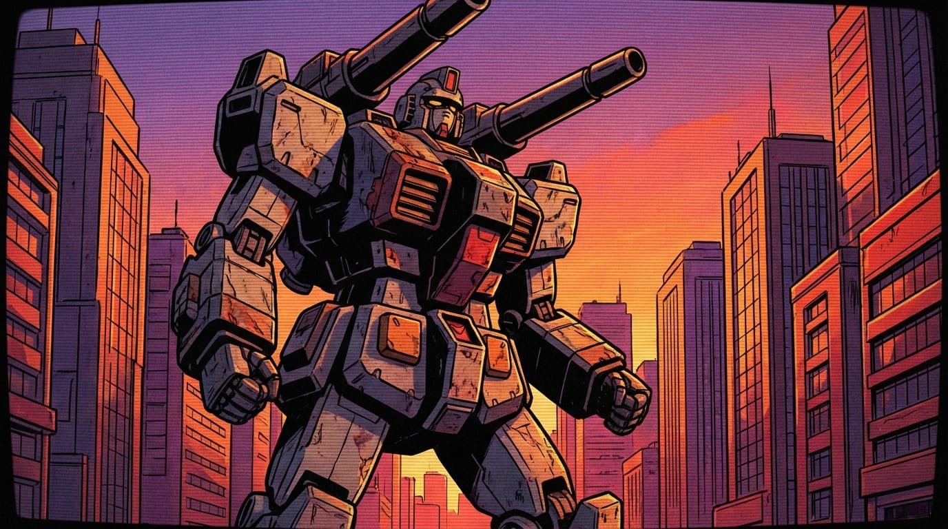 1980年代から90年代のロボットアニメスタイル、巨大なメカが都市に立つ、夕暮れの光、セル画、強いコントラスト、太い主線、ブラウン管の走査線エフェクト、ノスタルジックな雰囲気