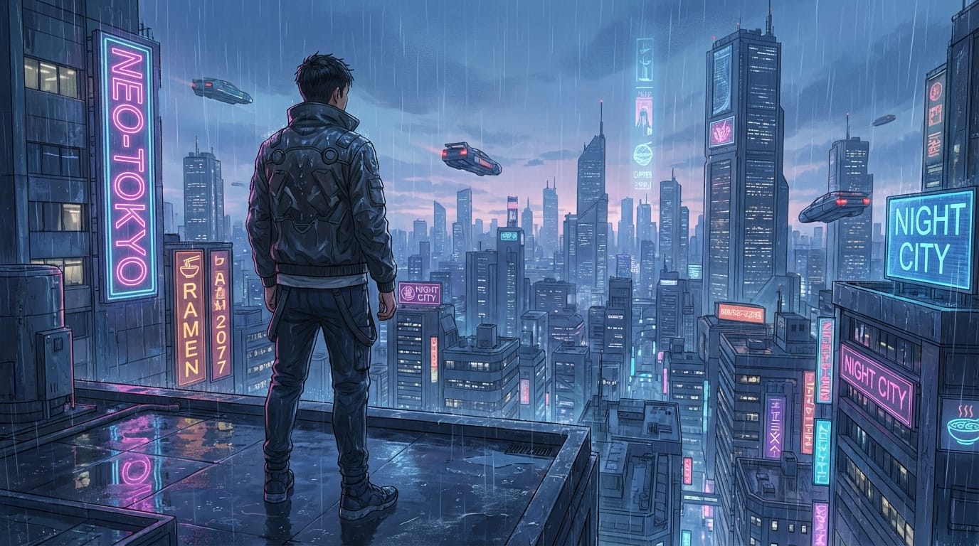 近年の人気作品に見られる繊細な画風、近未来のサイバーパンク都市を見下ろす高層ビルの屋上、雨上がりのネオンサインの反射、正確な人体構造の男性キャラクター、背中越しのアングル