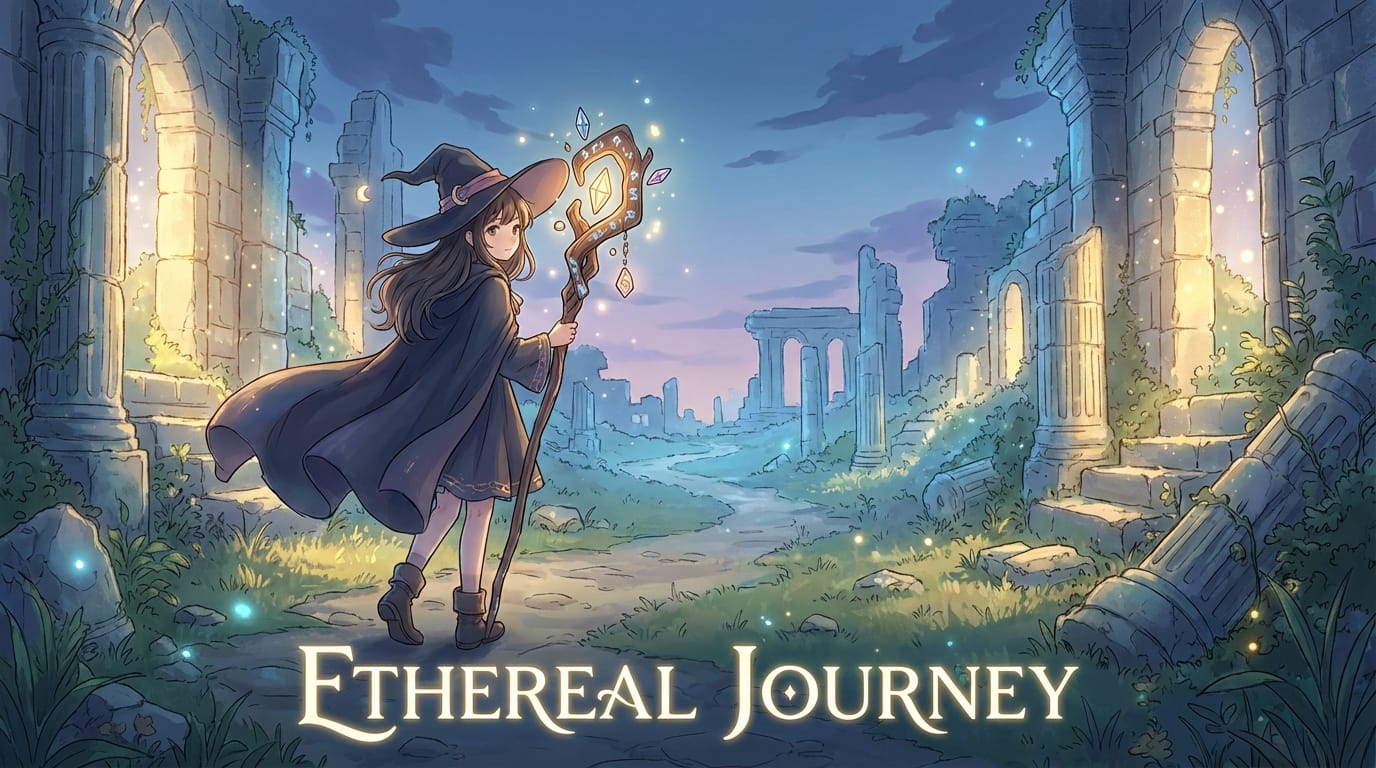 Delicate and highly detailed anime style, a young witch girl traveling in a fantasy world, an ornate magical staff, glowing ancient ruins in the background, cinematic lighting, commercial poster quality, high resolution