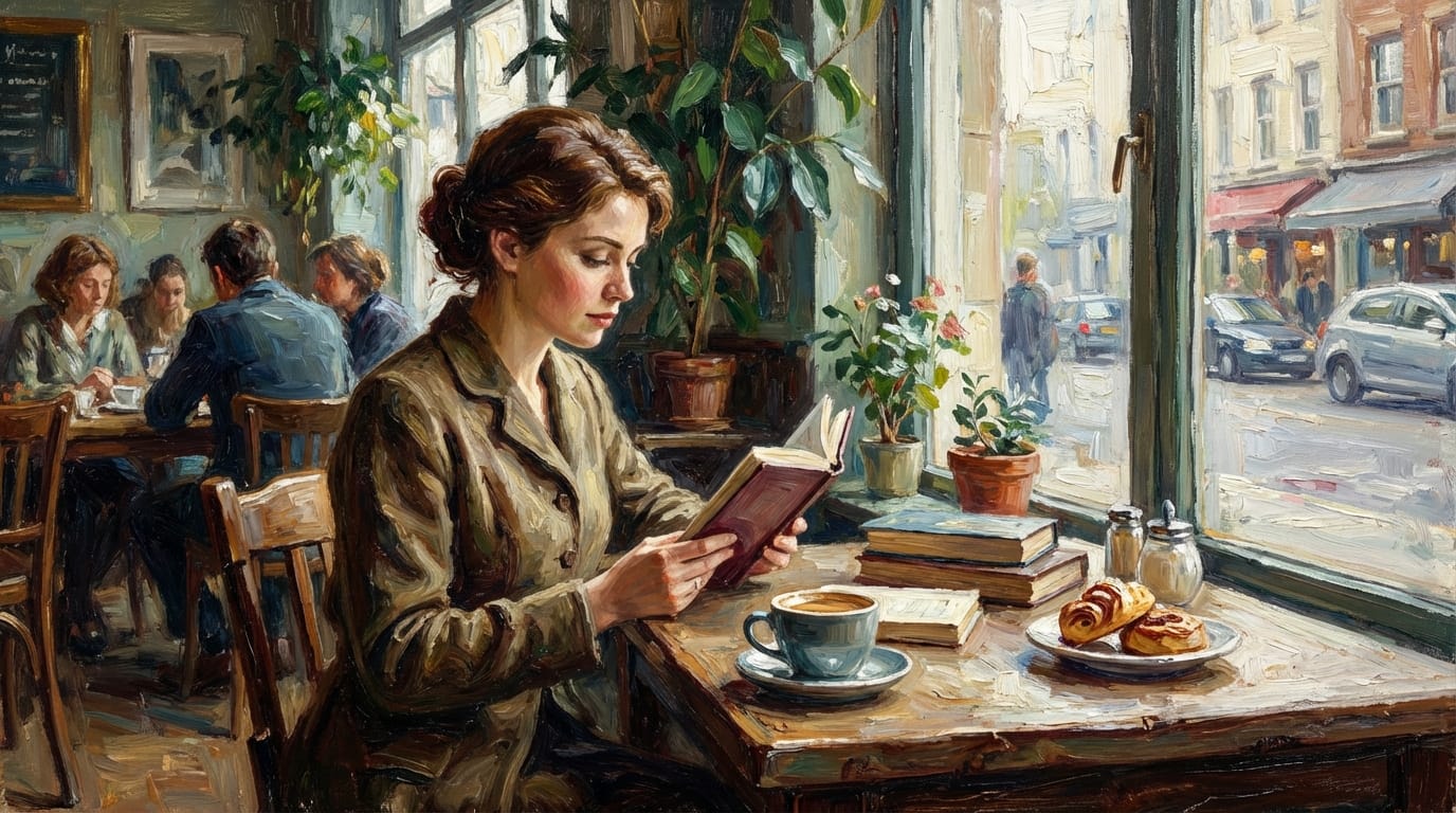 手描き感のあるリッチな画風、カフェで読書をする女性、窓から差し込む柔らかな自然光、被写界深度（ボケ量）を活かした背景、テーブルの上のコーヒーカップ、重厚な塗り