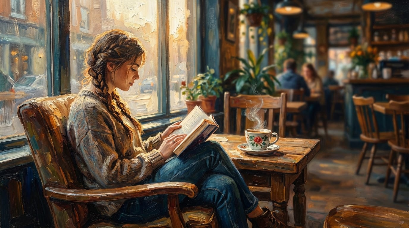 Rich hand-drawn style, a woman reading a book in a cafe, soft natural light shining through the window, background utilizing depth of field blur, a coffee cup on the table, thick impasto painting style