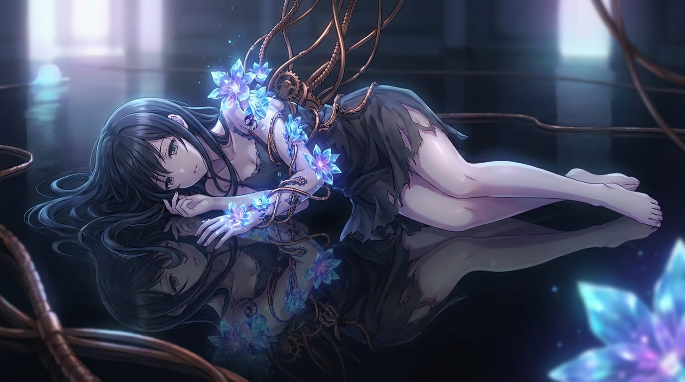A beautiful anime girl whose body is partially transforming into blooming crystalline flowers and metallic cables, lying on a dark reflective surface, ethereal lighting, surreal masterpiece, intricate details, moody atmosphere, high resolution