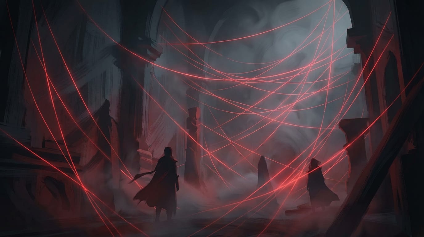 Abstract anime style environment, a room filled with suspended glowing red threads, soft volumetric fog, mysterious and tense atmosphere, cinematic lighting, deep shadows, highly detailed textures, surreal concept art