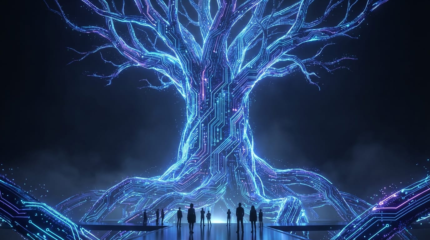 An immersive spatial projection concept, a colossal glowing tree made of digital data circuits, standing in a dark endless void, bioluminescent blue and purple lights, tiny silhouettes of people looking up, high contrast, intricate digital art style, anime aesthetic, masterpiece