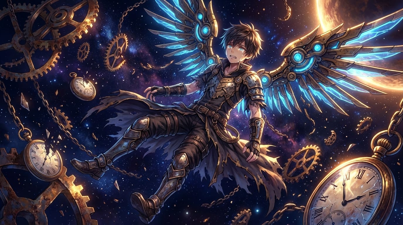 A highly detailed anime boy with mechanical wings, floating in zero gravity, surrounded by floating broken clock gears, dramatic rim lighting, intense emotional expression, dark fantasy aesthetic, rich colors, dynamic angle, perfect anatomy