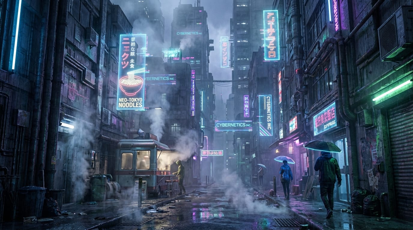 A futuristic cyberpunk city alleyway, towering skyscrapers, glowing holographic advertisements, dense fog, cinematic lighting, realistic textures, highly detailed.