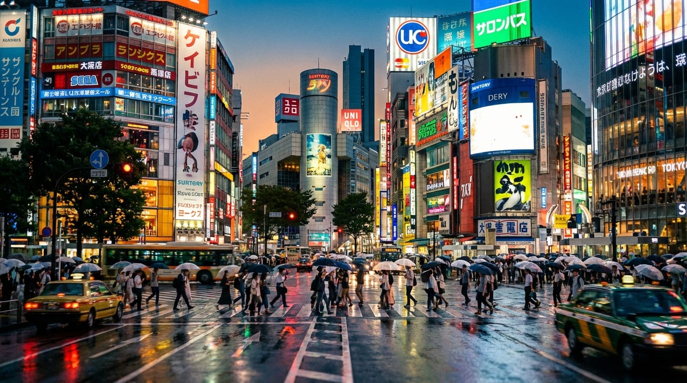 Cinematic street photography of a modern Tokyo crossing at dusk. Neon signs glowing, reflections on wet asphalt, realistic lighting, highly detailed architecture, 4k resolution.