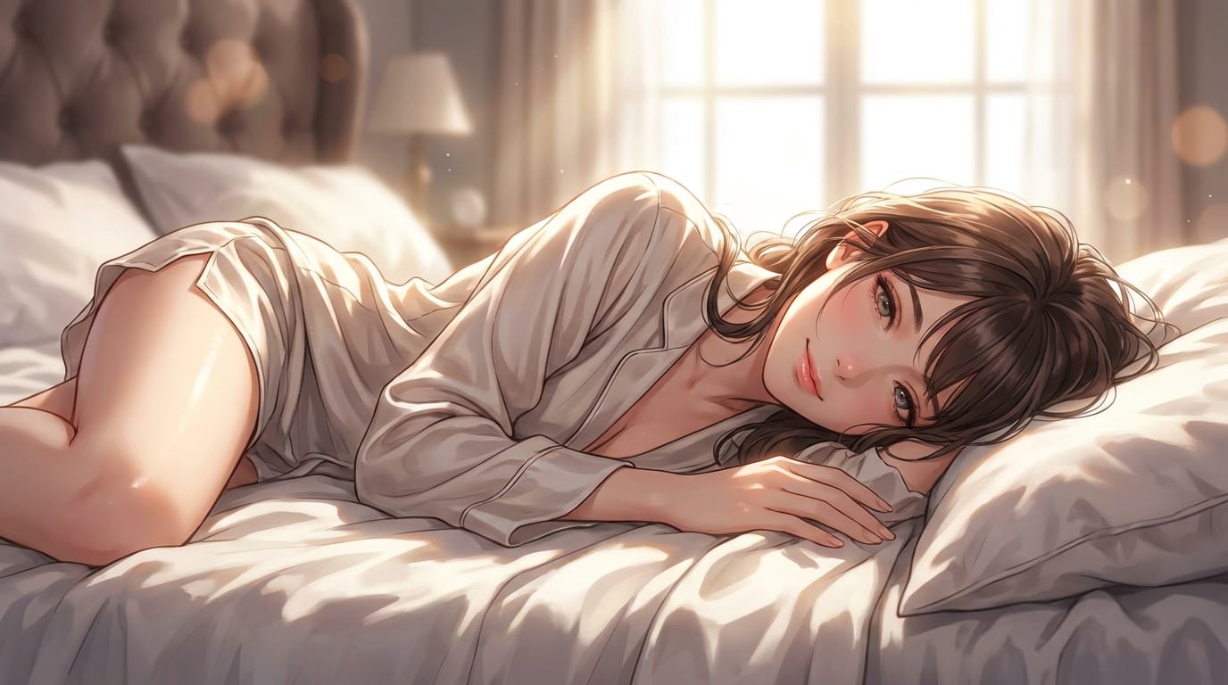 傑作、最高品質、アニメ調、ベッドに横たわる美しい女性キャラクター、魅惑的な表情、少し乱れた衣服、柔らかいシーツの質感、窓から差し込む朝の光、被写界深度（ボケ量）の調整、繊細な肌の描写