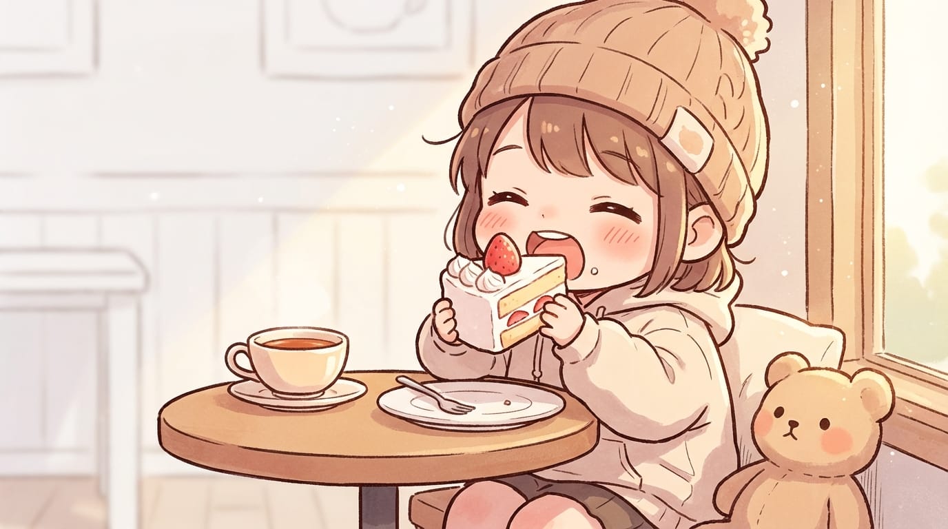 High quality anime style illustration, chibi character eating cake in a cafe, pastel colors, warm lighting, simple white background, thick outlines, cute.