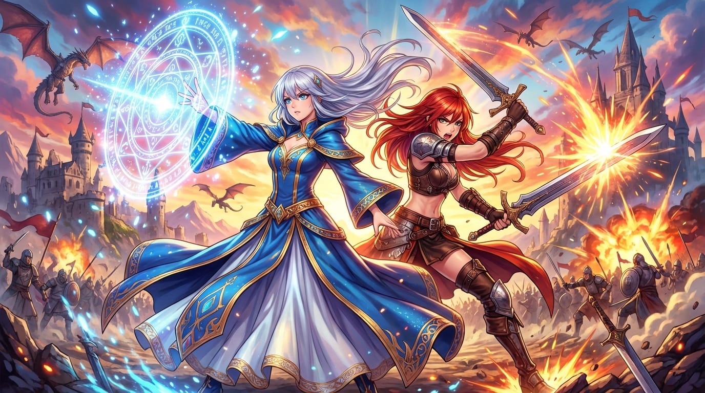 傑作、最高品質、アニメ調、2人の美少女キャラクターが背中合わせで戦っている、壮大なファンタジーの戦場、輝く魔法陣と光の粒子、ダイナミックなアングル、風になびく髪と衣装、高彩度、鮮やかな色彩、緻密な背景描写