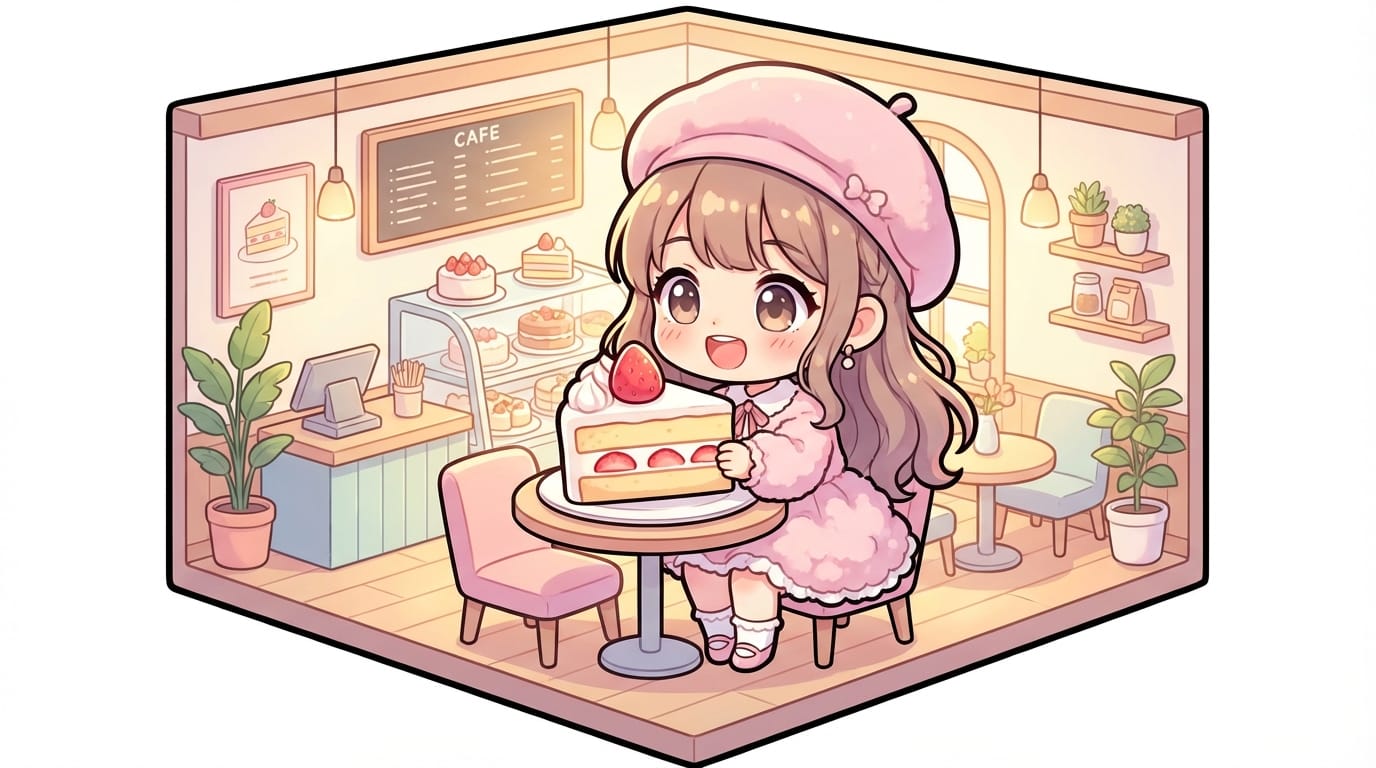 傑作、最高品質、ちびキャラ、Q版、カフェでケーキを食べる可愛い女の子、パステルカラー、温かい光、シンプルな白い背景、太めの輪郭線、アニメ調、鮮やかな色合い