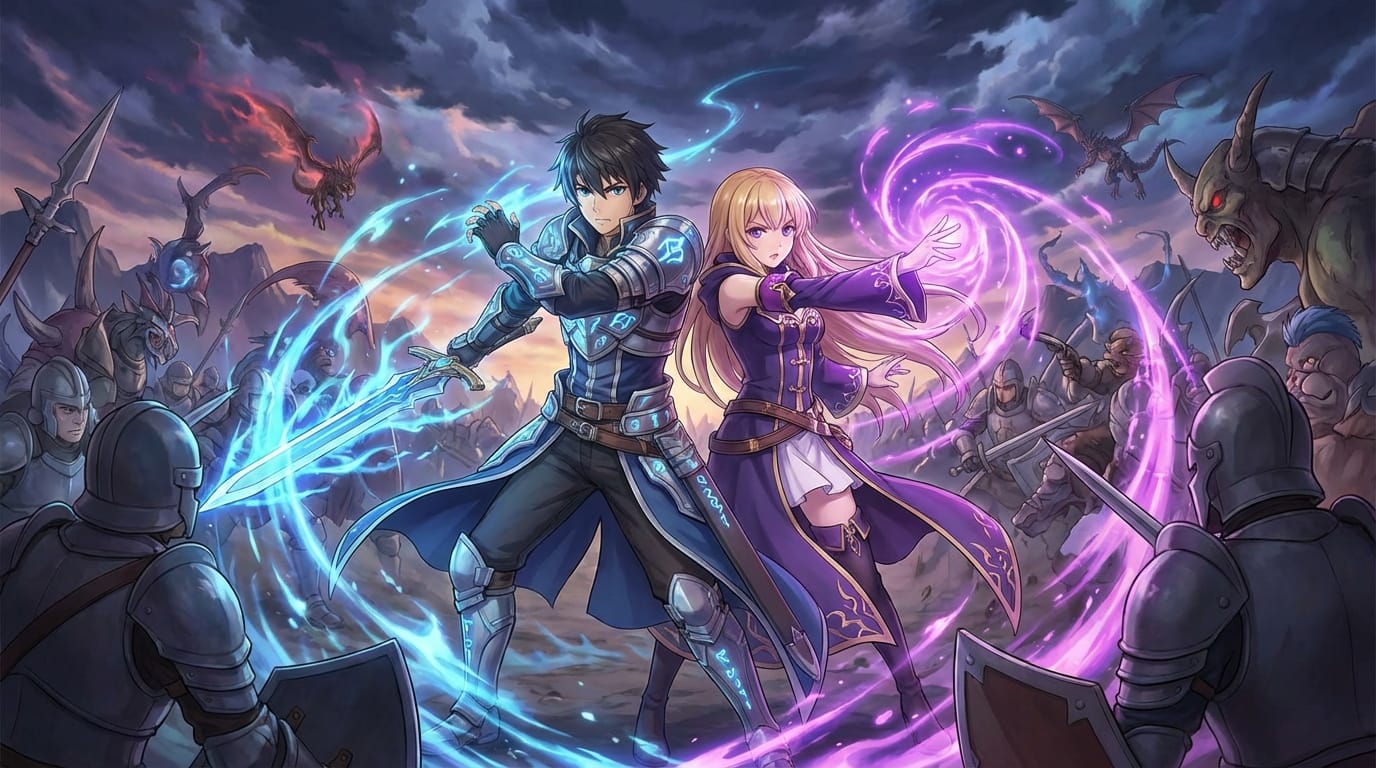 High quality anime style illustration, two characters fighting back to back, epic fantasy battle, glowing magic effects, dynamic composition, highly detailed, vibrant colors, masterpiece.
