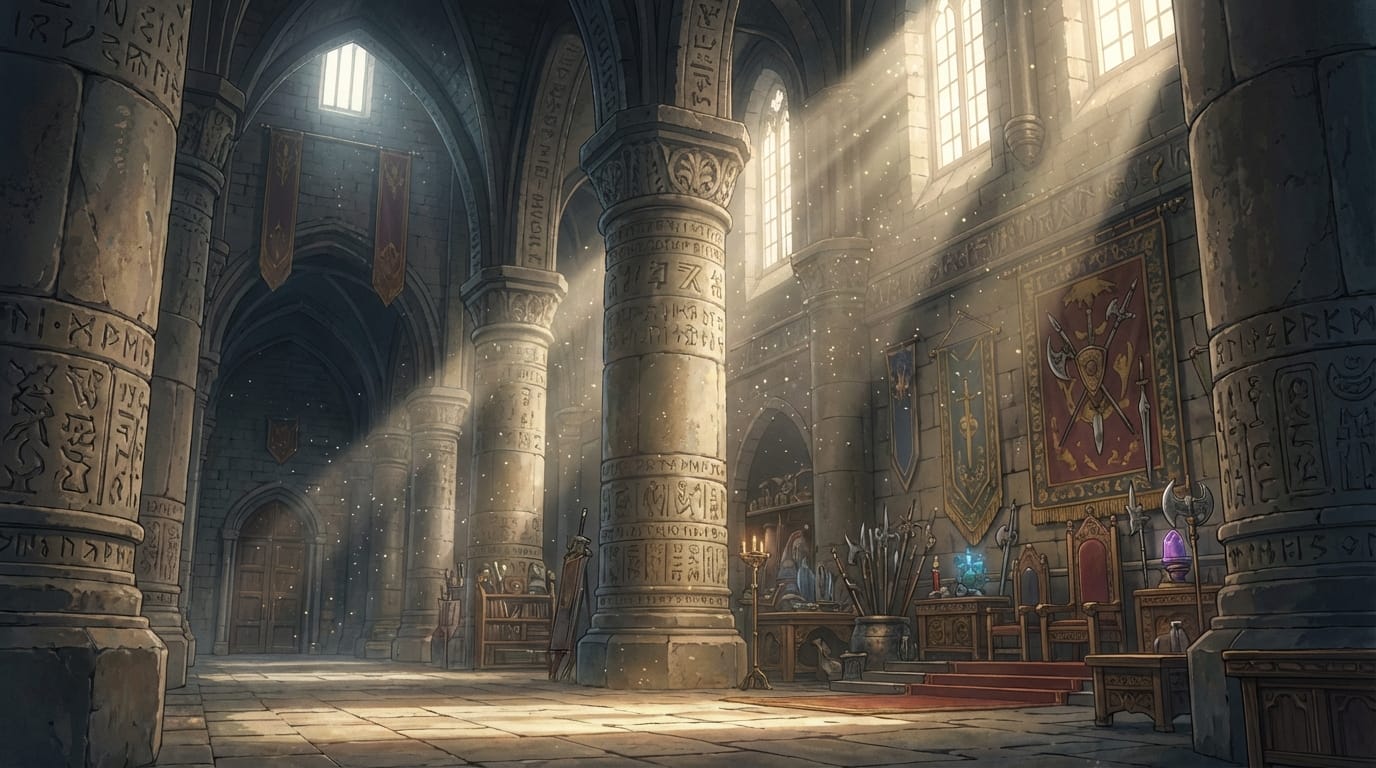 ファンタジー世界の巨大な城の広間。高い天井から差し込む光の筋。空気中の埃が光に反射している。重厚な石造りの柱と、背景の小道具の精細な描写。繊細で緻密なアニメ調表現、映画級の光と影。