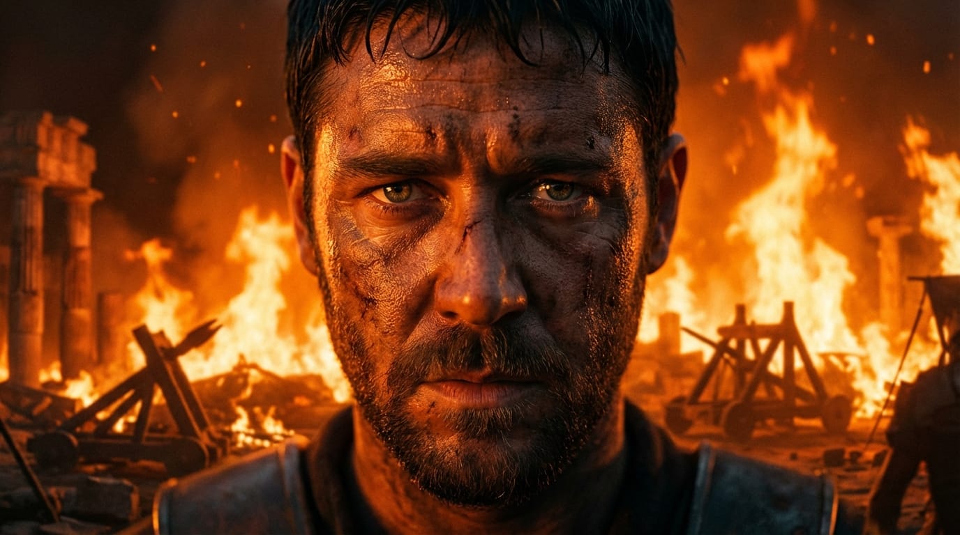 映画のクライマックスシーン。燃え盛る炎を背景に、決意に満ちた表情で前を見据える戦士。顔に当たるオレンジ色の光と深い影のコントラスト。目の描写がシャープ、感情表現の深みと表情のダイナミズム、実写的なリアルさ。