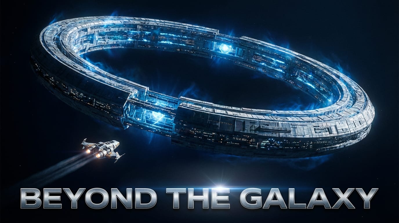 壮大なSF映画のティザーポスター。宇宙空間に浮かぶ巨大なリング状の建造物。その手前には小型の探索船が配置されている。画面の下部に「BEYOND THE GALAXY」という太く力強い文字が配置されている。映画級の光と影、シャープなディテール、高解像度。
