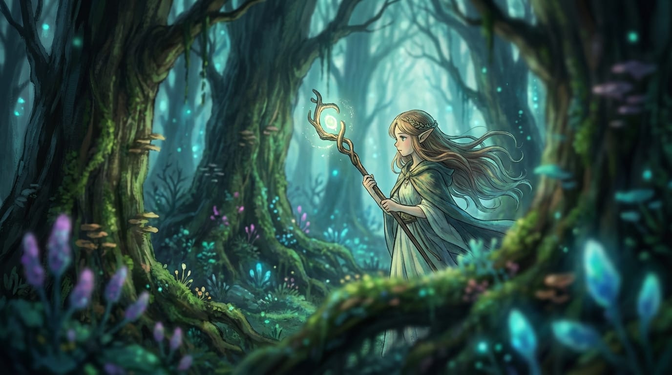 繊細で緻密なアニメ調表現、ファンタジー世界観のコンセプトアート、魔法の森で光る杖を持つエルフの少女、重厚な塗り、被写界深度（ボケ量）を活かしたシネマティックな構図、手描き感のあるリッチな画風