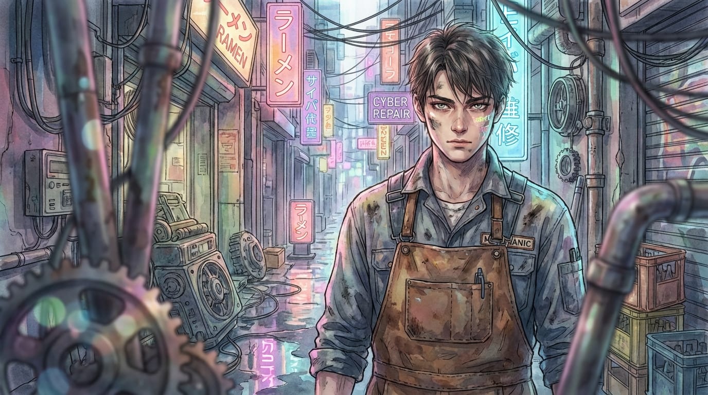 Delicate art style seen in recent popular works, a young male mechanic standing in an alleyway of a cyberpunk city, neon light reflections, front bokeh using objects in the foreground, sharp eye depiction, abundant background props