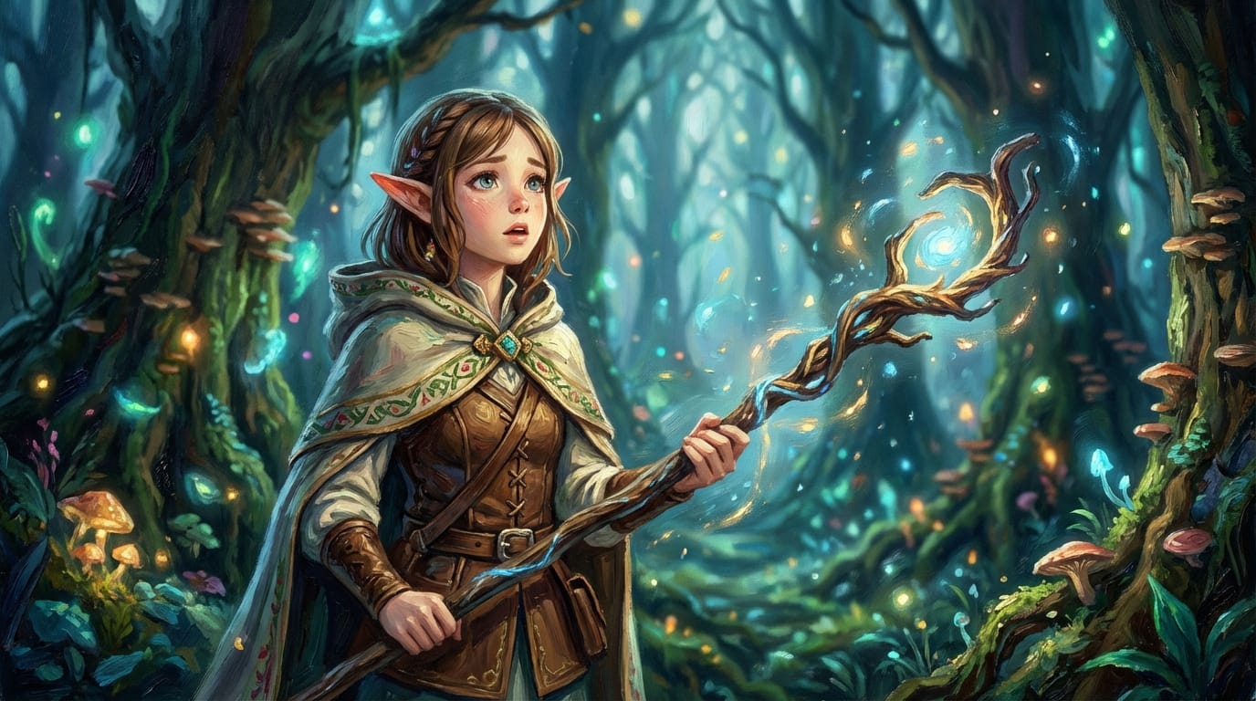 Delicate and detailed anime-style expression, concept art of a fantasy world, an elf girl holding a glowing staff in a magical forest, heavy impasto painting style, cinematic composition utilizing depth of field, rich hand-drawn style