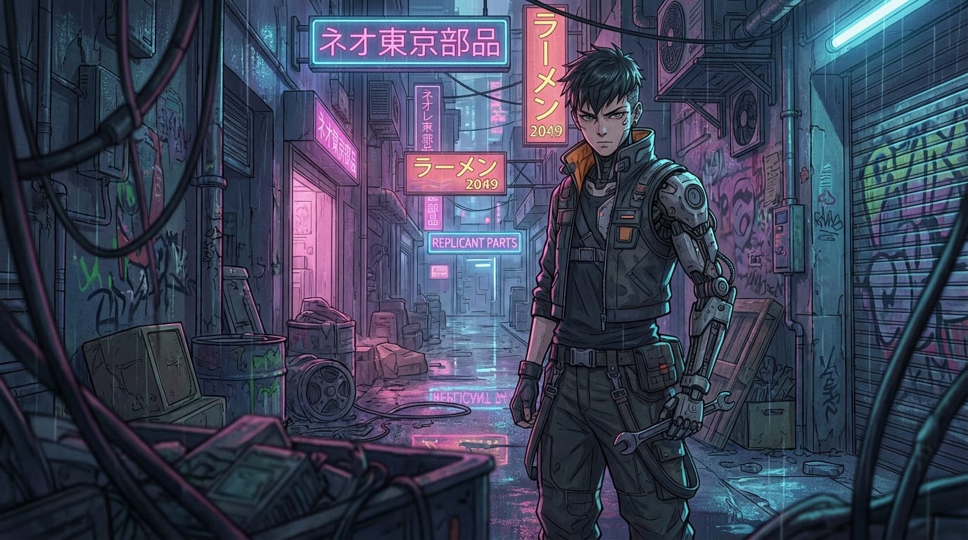 近年の人気作品に見られる繊細な画風、サイバーパンク都市の路地裏に立つメカニックの青年、ネオンライトの反射、手前のオブジェクトを使った前ボケ、目の描写がシャープ、背景の小道具が豊富