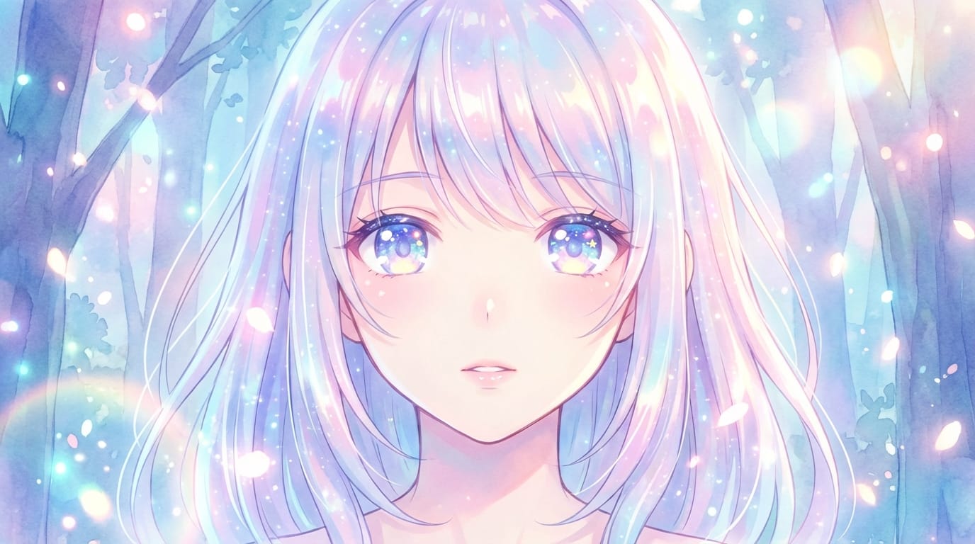 anime style, close up portrait of a beautiful girl, highly detailed glossy eyes with star highlights, glowing hair, floating light particles, lens flare, pastel colors, magical atmosphere, masterpiece, best quality --niji 7