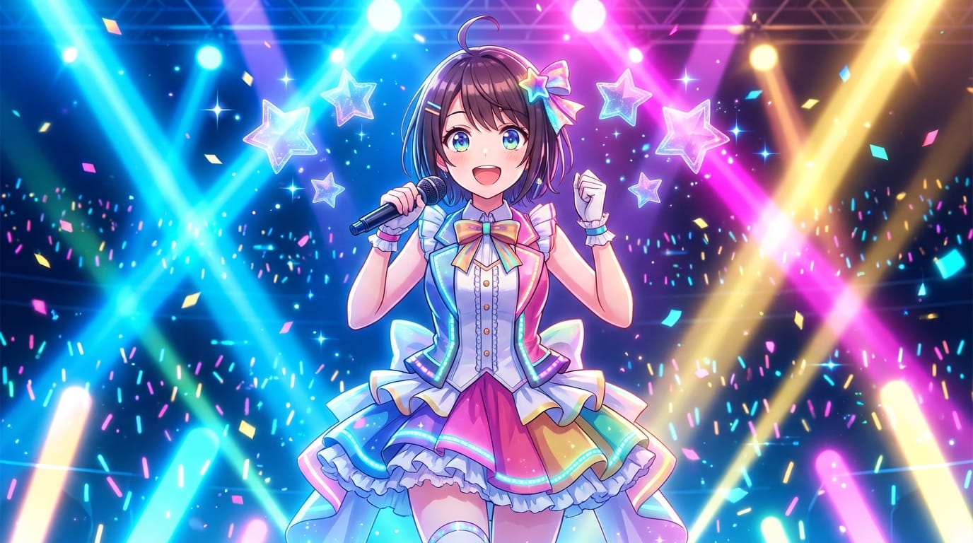 anime style, a cute VTuber idol singing on a stage, holding a microphone, dazzling stage lights, glowing floating stars, highly detailed colorful outfit, bright and energetic expression, vivid colors, masterpiece --niji 7