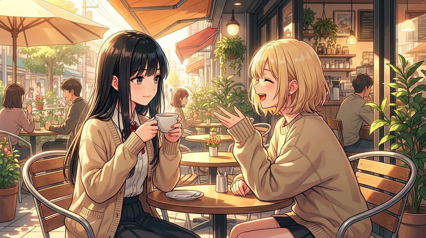 2人のアニメ調の少女、1人は黒髪ロングでコーヒーカップを持ち、もう1人は金髪ショートで笑顔で話しかけている、カフェのテラス席、午後の日差し、高彩度、鮮やかな色彩、繊細で緻密なアニメ調表現、シャープなディテール