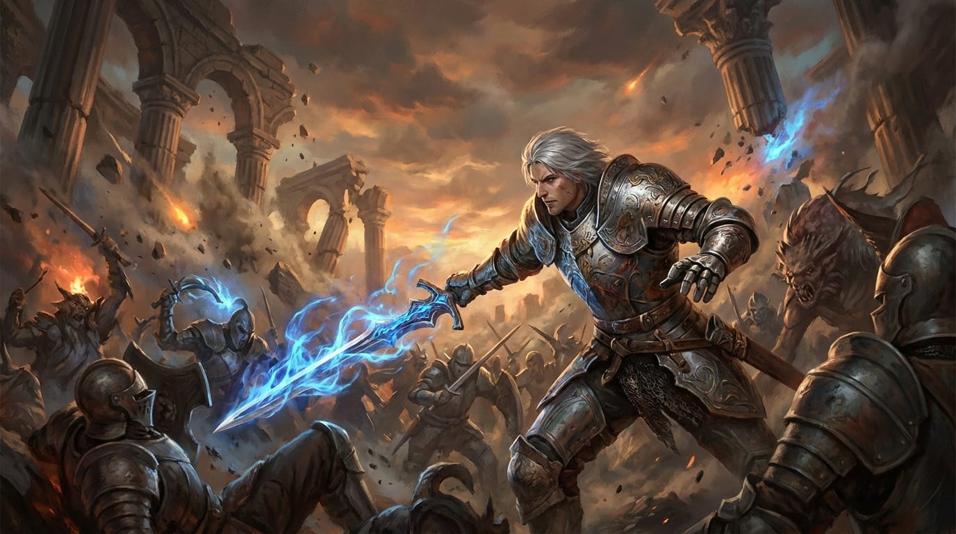 壮大なファンタジーの戦闘シーン、剣を構える銀髪の騎士、魔法の青い炎のエフェクト、崩れゆく神殿の背景、躍動感のある構図、劇的なライティング、重厚な塗り、正確な人体構造