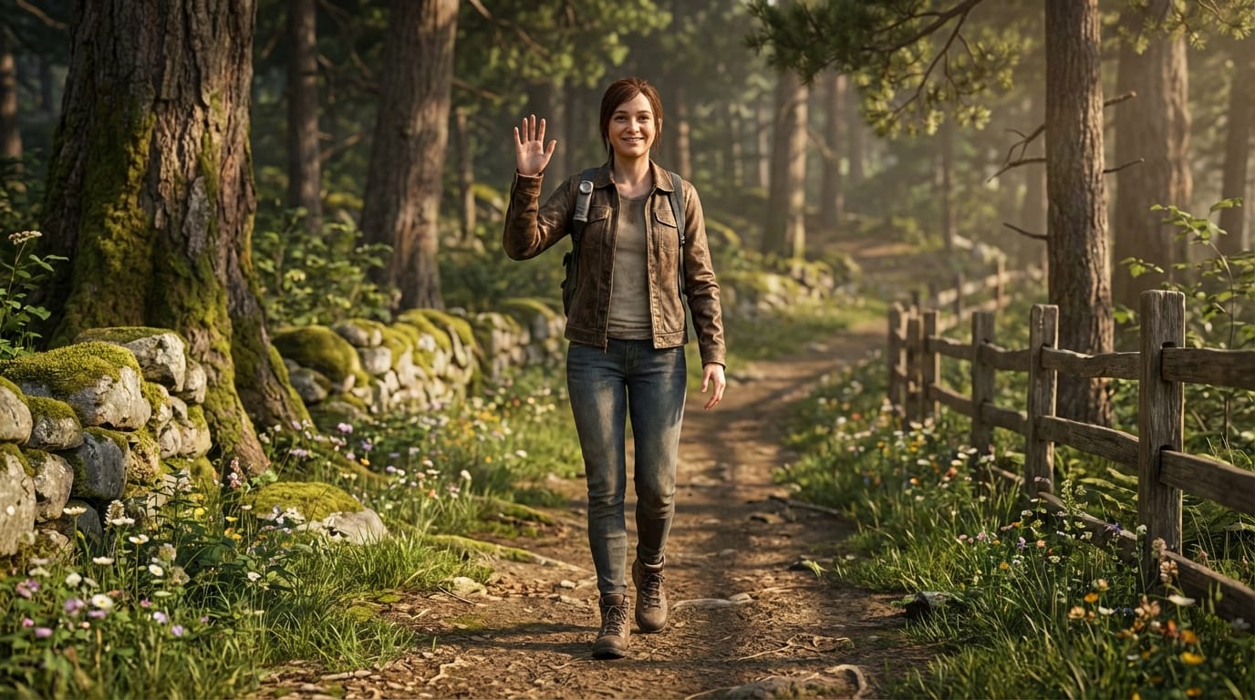 （※参考画像を入力した上で）キャラクターがゆっくりと歩き出し、カメラに向かって手を振る。背景のディテールは維持し、ライティングは自然な昼間の光。