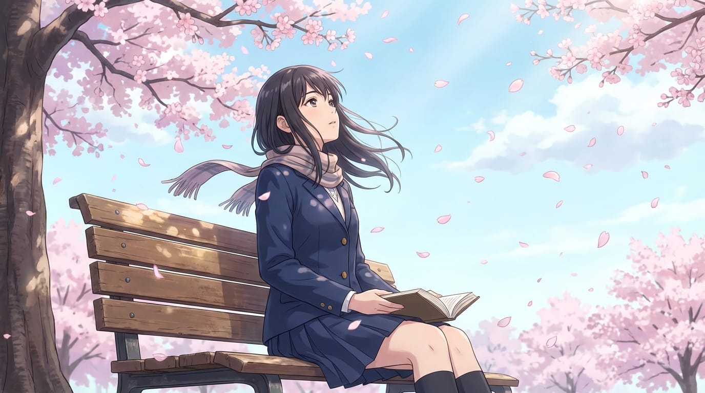 An anime-style girl in a school uniform sitting on a park bench reading a book, cherry blossom petals falling, she slowly looks up at the sky, wind blowing her hair.